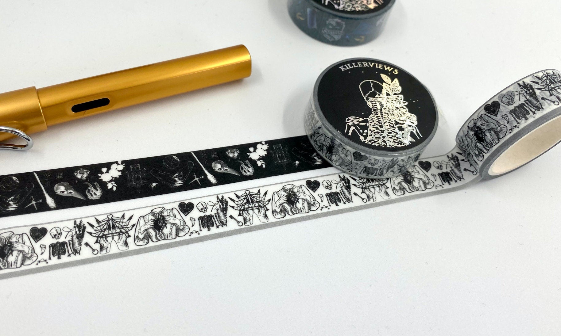 White witch skulls sketch design Washi tape black heart skulls white base colour 15mm