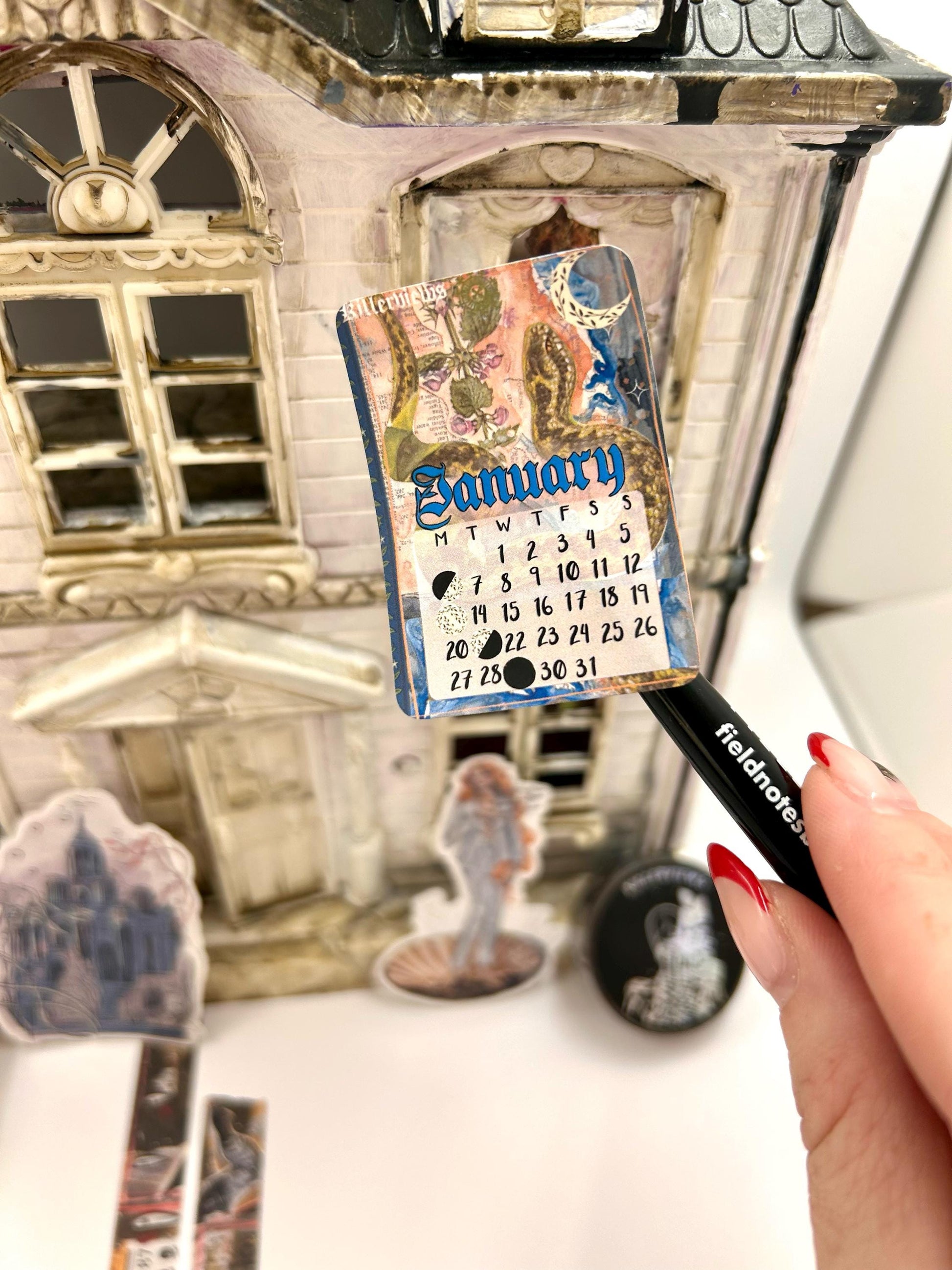 Art Collage style 2025 Lunar Calendar month Stickers for journal January 2025 December 25 with moon phases planner stationery celestial