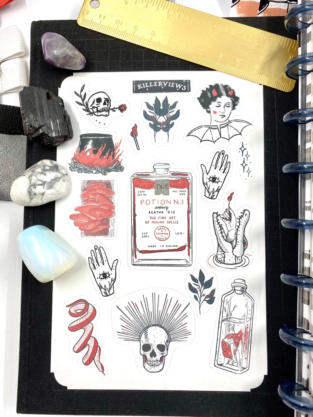 Red Potion and skulls Planner sticker sheet for bullet journal kit and planner- witchcraft Wiccan celestial love potion