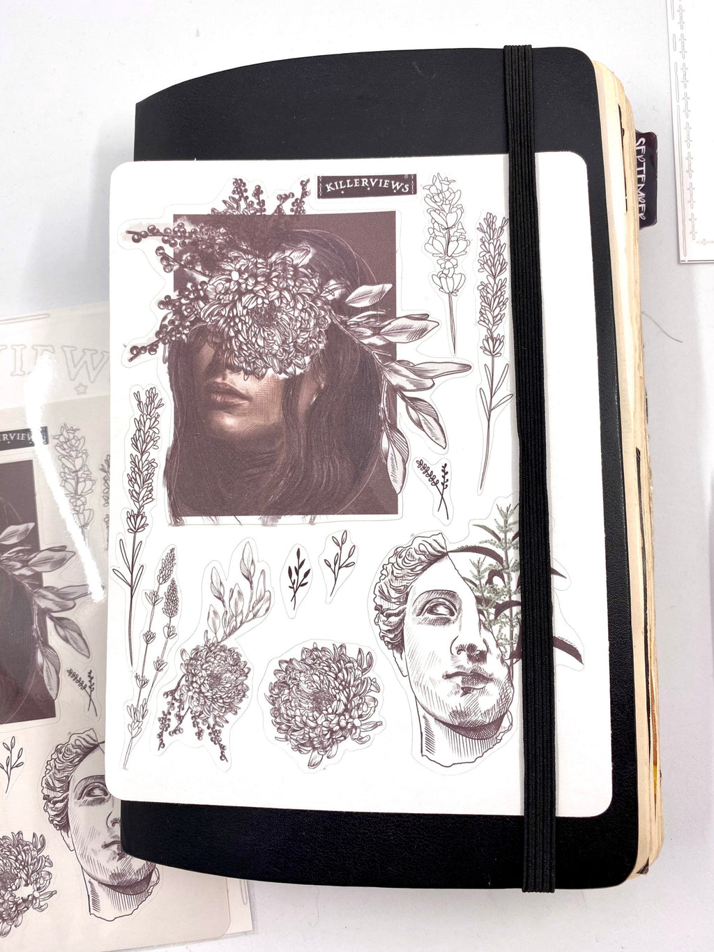 Monochrome floral flash sticker sheet for bullet journal kit and planner- art sculpture flowers clean theme