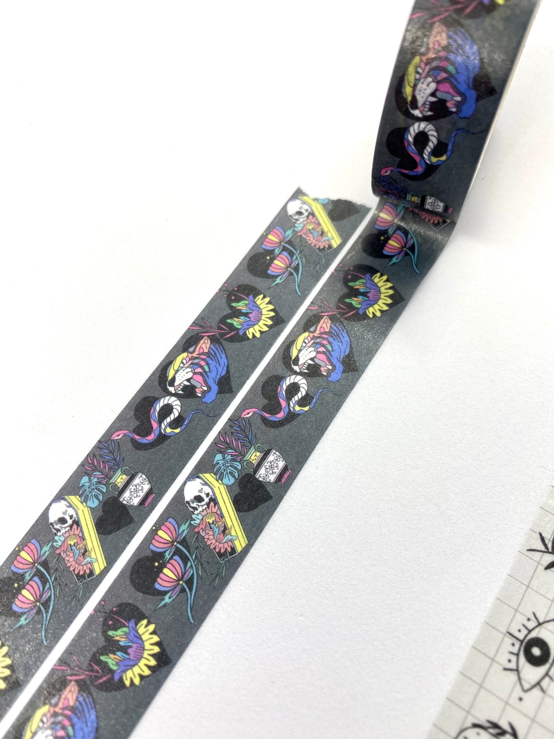 Tattoo flash sketch design Washi tape gothic skulls flowers pop colours 15mm
