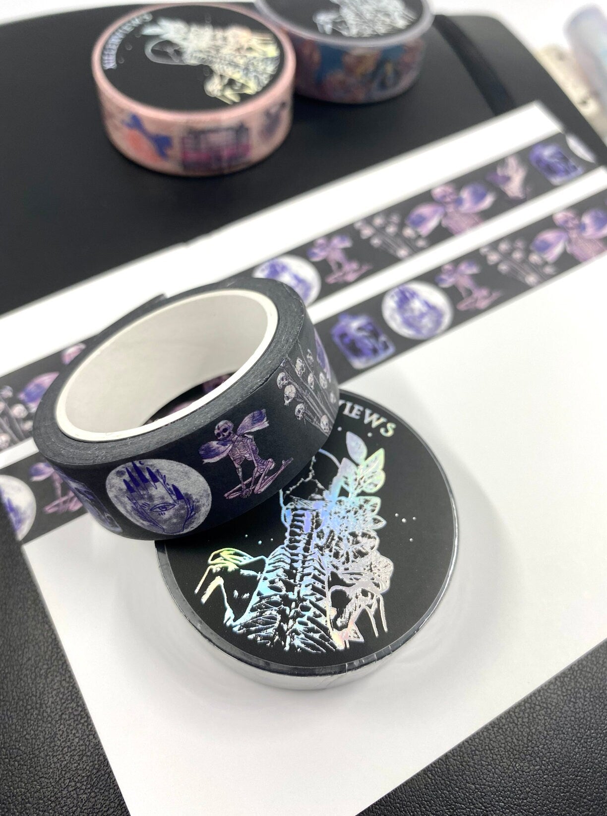 Amethyst witch skeleton design Washi tape in black base colour 15mm