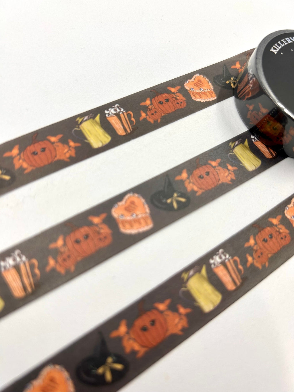 Pumpkin latte design Washi tape in charcoal base colour 15mm Halloween witch