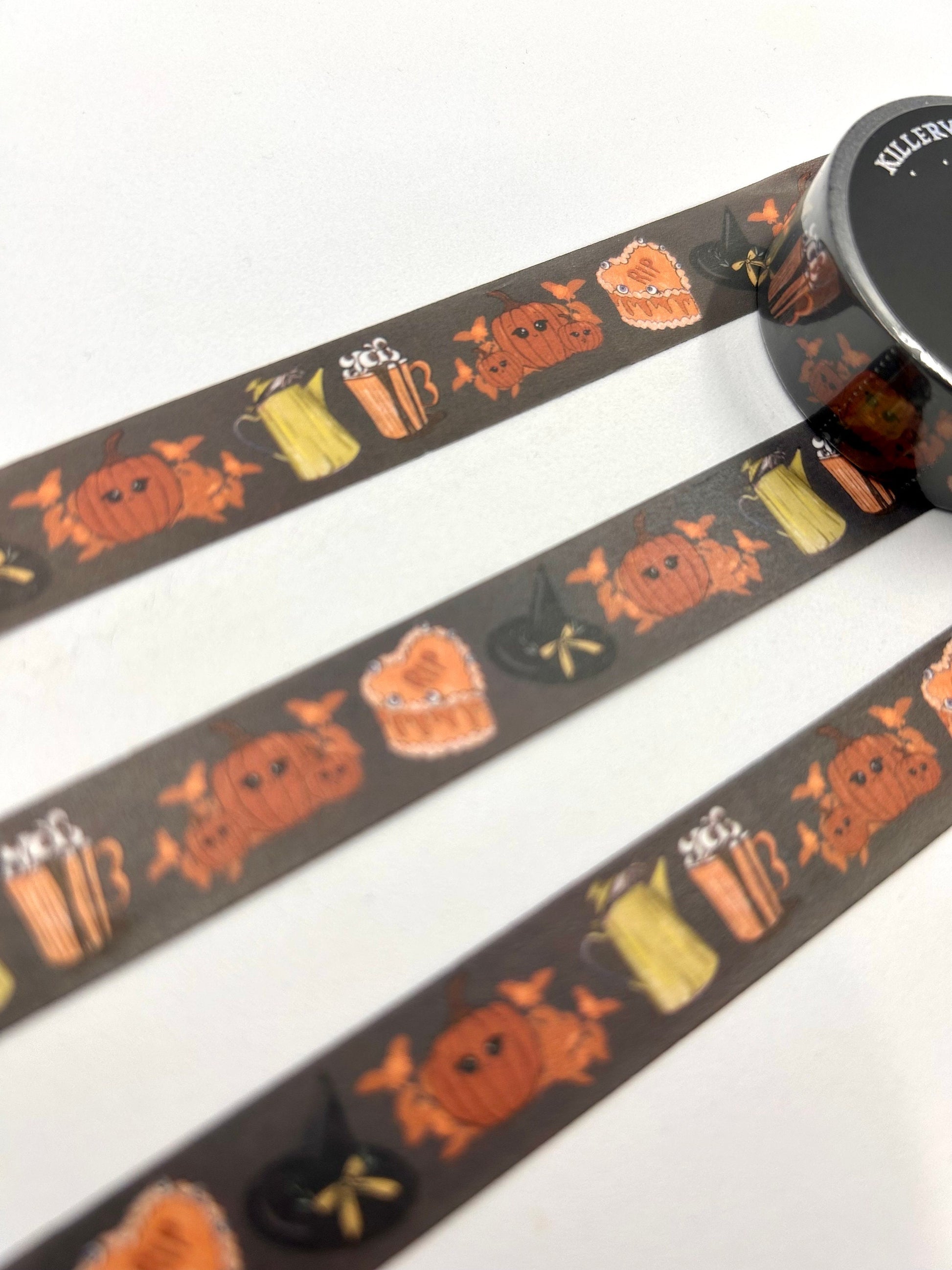 Pumpkin latte design Washi tape in charcoal base colour 15mm Halloween witch