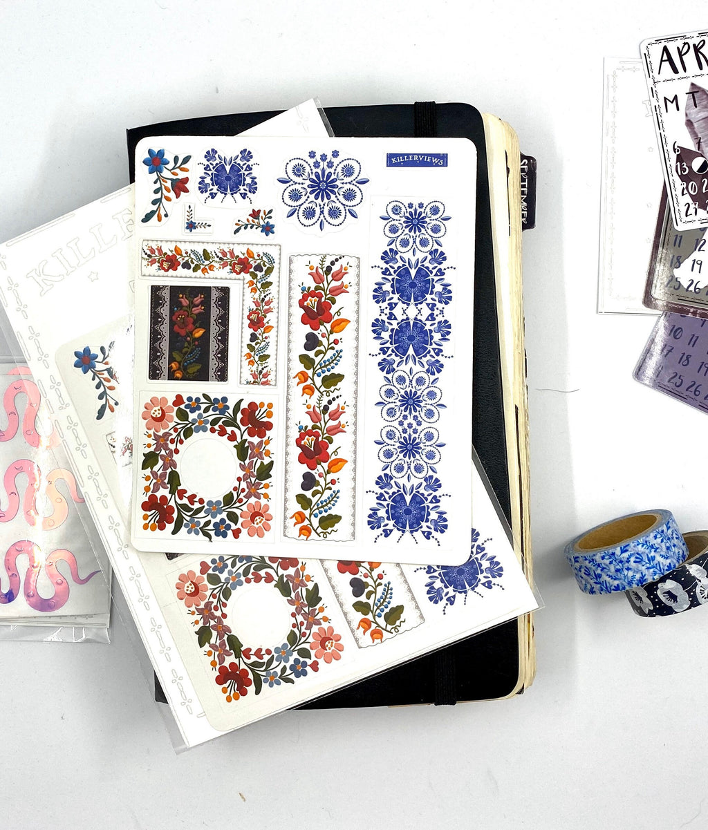 Hungarian folk art sticker sheet for bullet journal kit and planner embroidery craft colourful floral