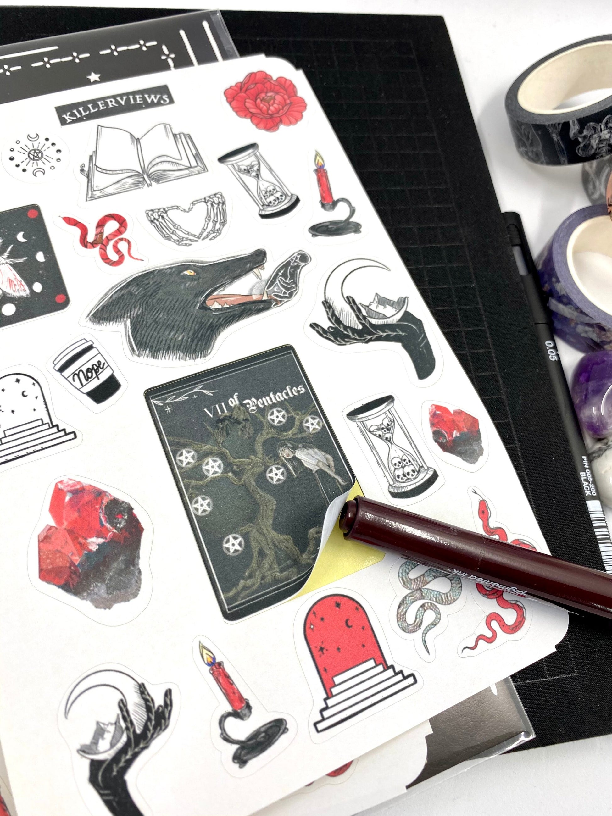Red witch theme sticker sheet for bullet journal kit and planner- witchcraft Wiccan celestial