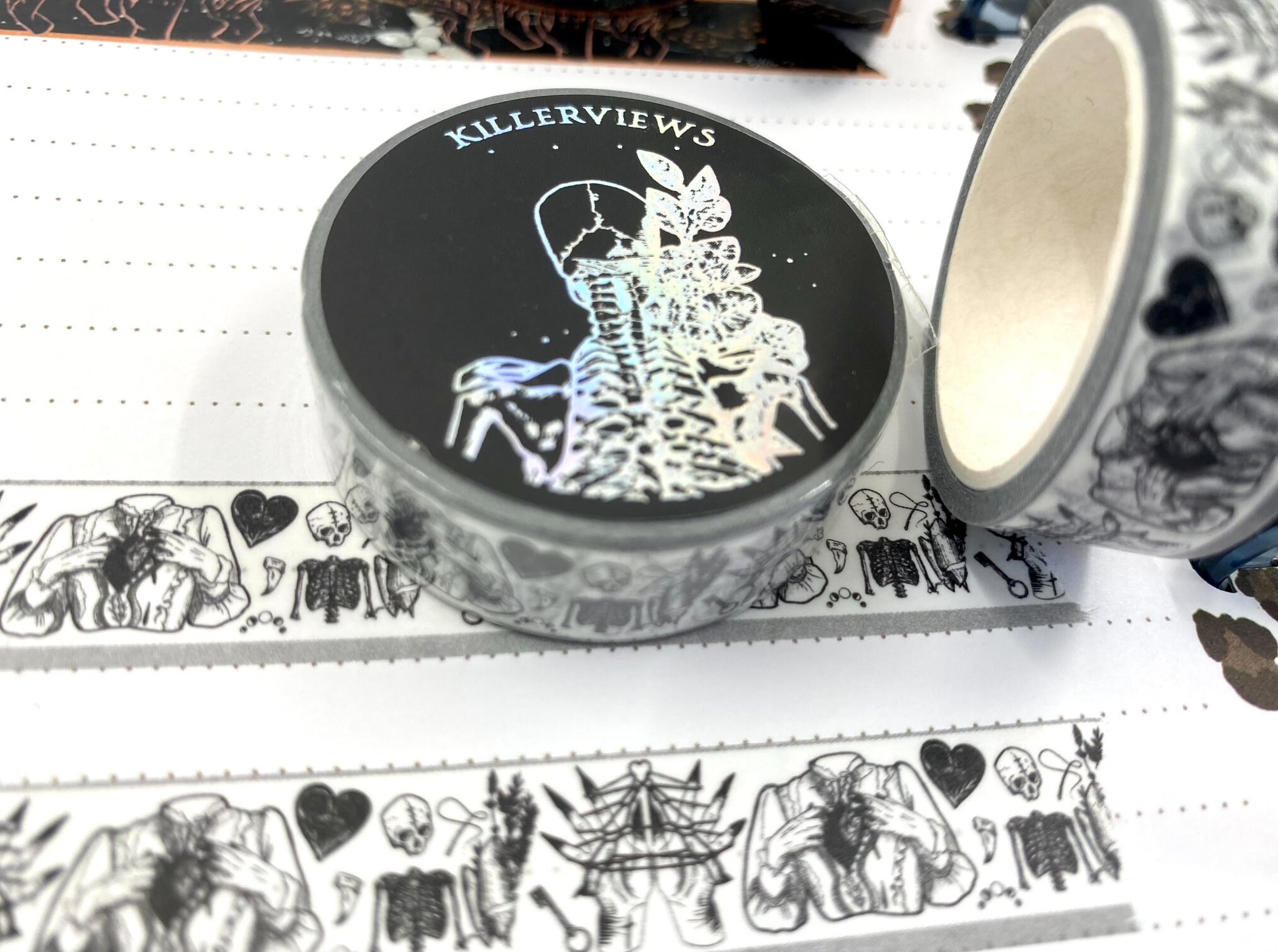 White witch skulls sketch design Washi tape black heart skulls white base colour 15mm