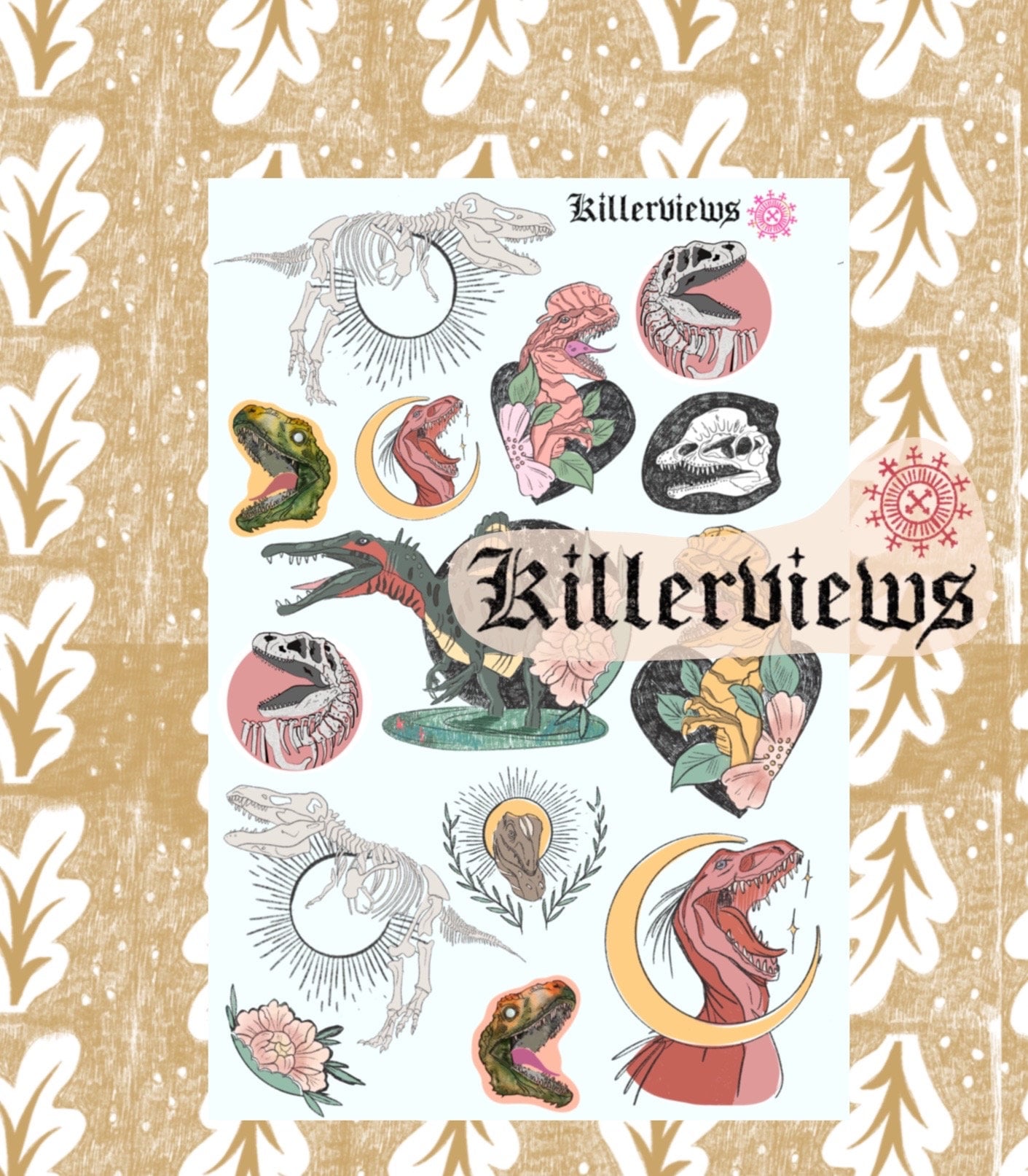 Dinosaur montage journal sticker sheet for bullet journal kit and planner-   Tattoo style Jurassic park world velociraptor trex Dino