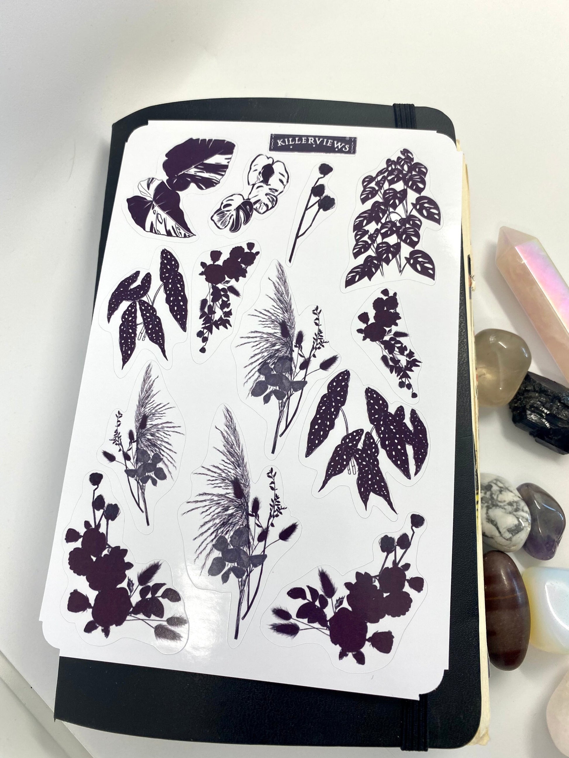 Black Monochrome floral plants Planner sticker sheet for bullet journal kit and journal