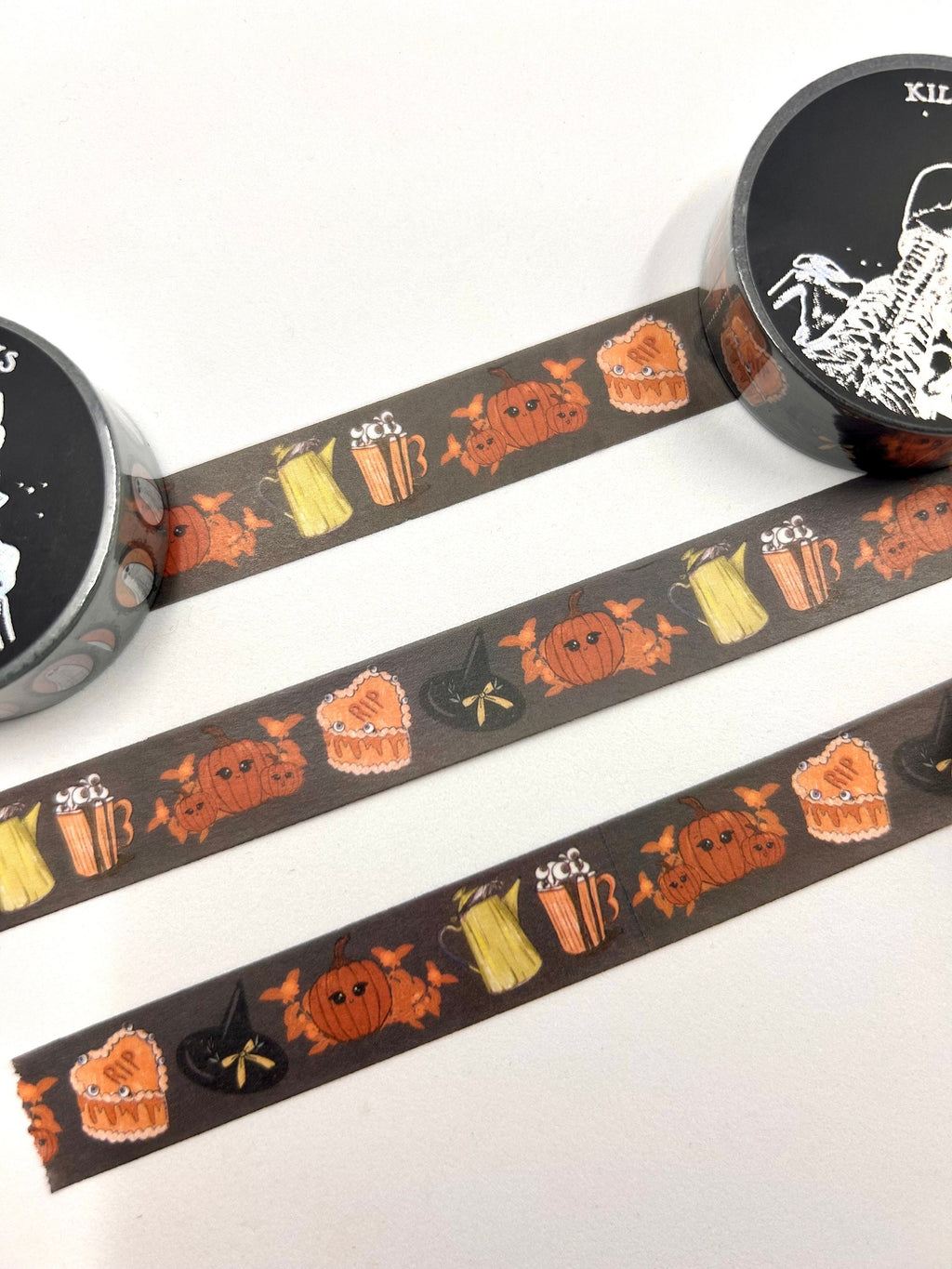 Pumpkin latte design Washi tape in charcoal base colour 15mm Halloween witch