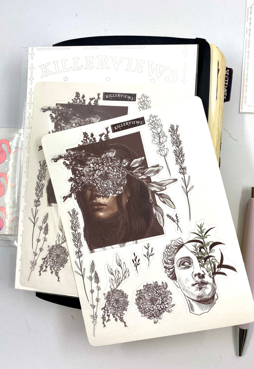 Monochrome floral flash sticker sheet for bullet journal kit and planner- art sculpture flowers clean theme