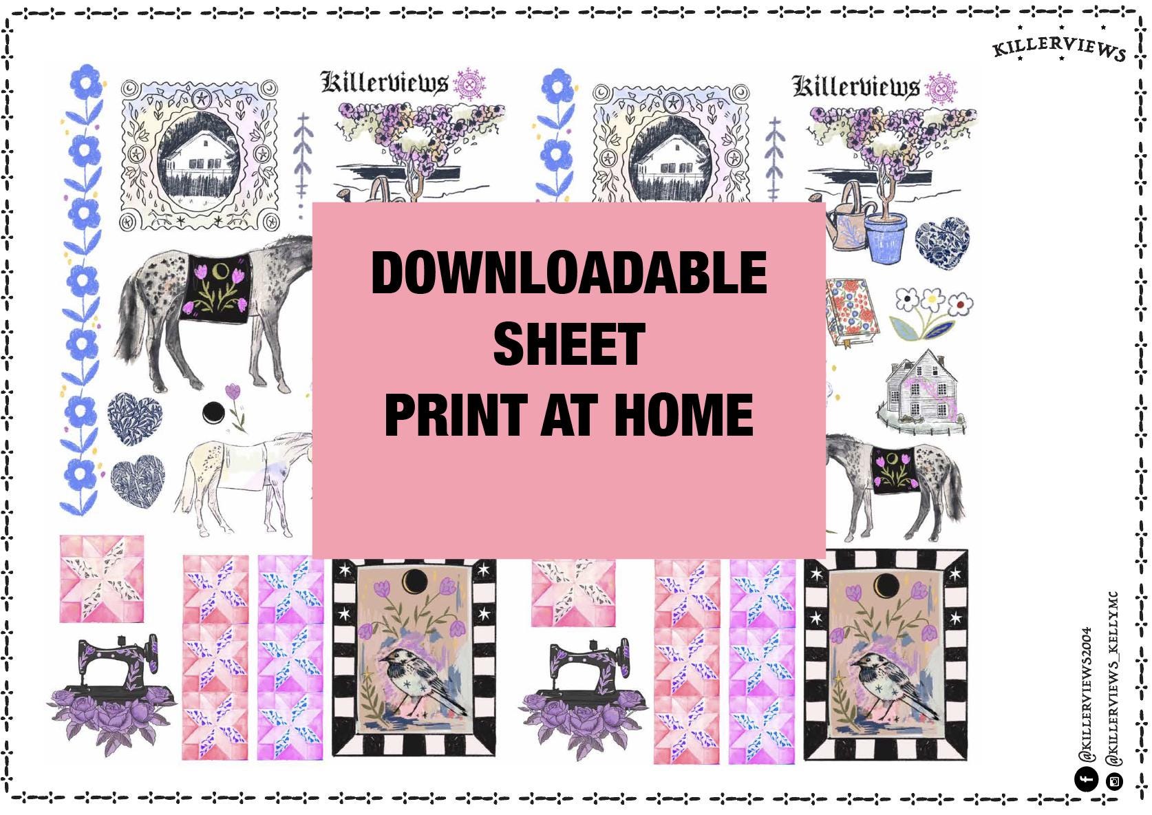 Downloadable Horse Folk Quilt planner sheet inspired sticker sheet for journal kit and planner- NOT PHYSICAL PRODUCT